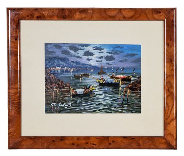 Mario Galanti - Firmato. "Marina notturna con barche e pescatori", piccolo dipinto ad olio
