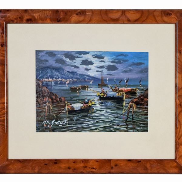 Mario Galanti - Signed. "Night marina with boats and fishermen", small oil painting