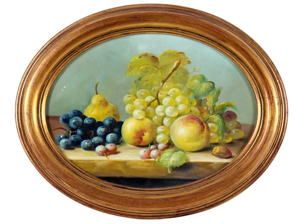 Miniatura ovale "Natura morta di frutta" dipinta ad olio su tavola
