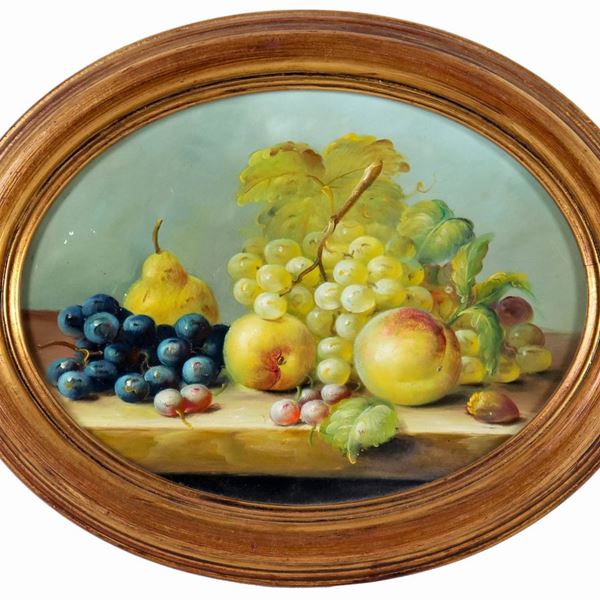 Miniatura ovale "Natura morta di frutta" dipinta ad olio su tavola