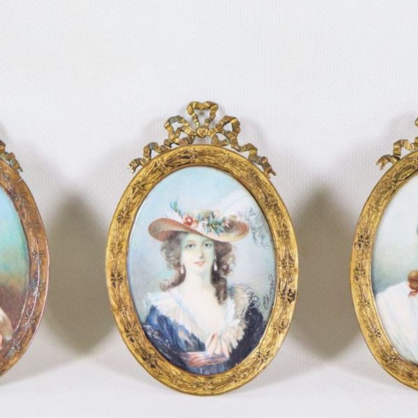 Lot of three small painted miniatures "Portraits of ladies and princesses", signed