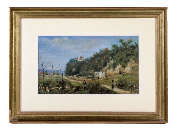 Pittore Italiano Fine XIX Secolo - "Paesaggio con contadini e pastore con gregge", piccolo dipinto ad olio