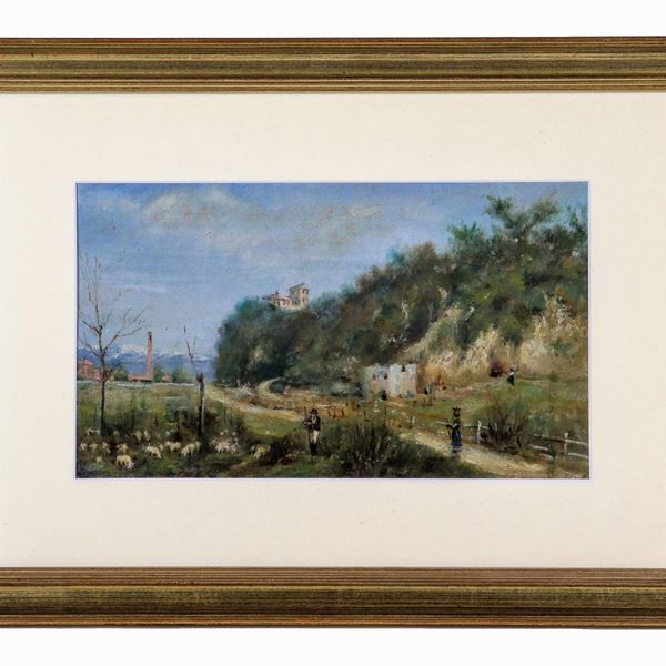 Pittore Italiano Fine XIX Secolo - "Landscape with peasants and shepherd with flock", small oil painting