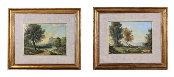 Pittore Italiano Inizio XX Secolo - Signed. "Landscapes with lakes and castle", pair of small oil paintings