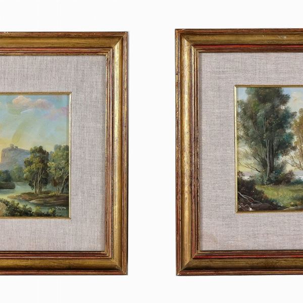 Pittore Italiano Inizio XX Secolo - Firmati. "Paesaggi con laghi e castello", coppia di piccoli dipinti ad olio