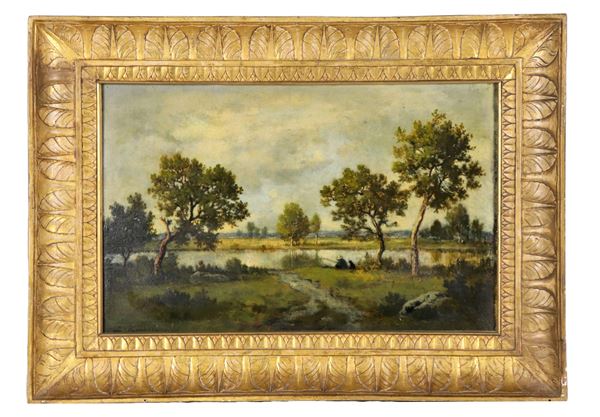 Pittore Francese Fine XIX Secolo - Firmato. "Paesaggio con fiume e pescatore", piccolo dipinto ad olio su tavoletta