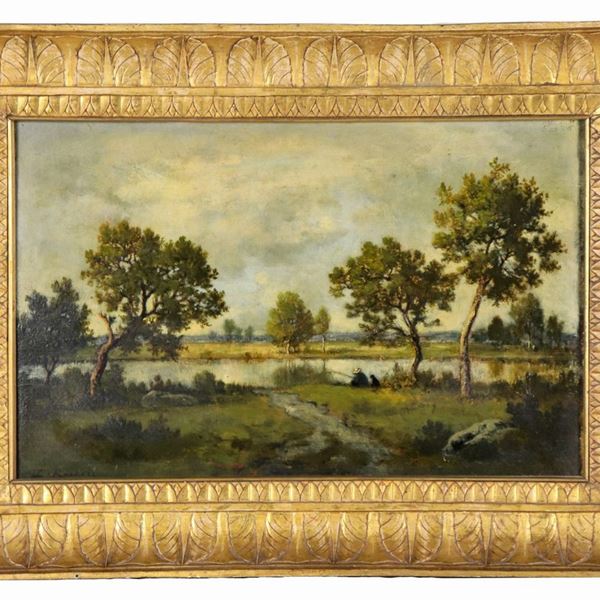 Pittore Francese Fine XIX Secolo - Firmato. "Paesaggio con fiume e pescatore", piccolo dipinto ad olio su tavoletta