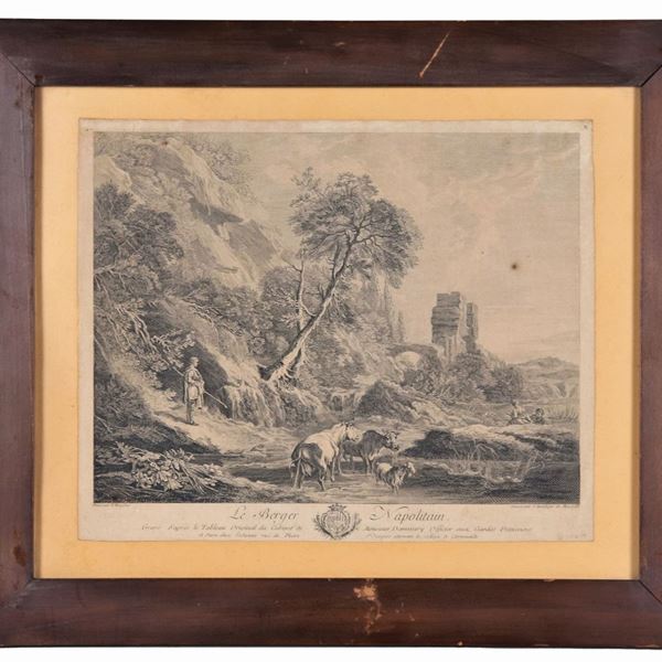 Old French engraving "Landscape with shepherd, herds and ruins"