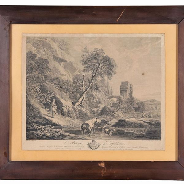 Antica incisione francese "Paesaggio con pastore, armenti e ruderi"