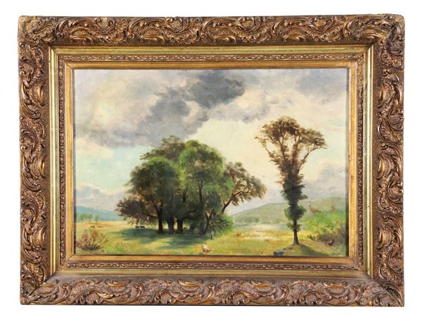 Scuola Italiana Fine XIX Secolo - "Paesaggio con armenti al pascolo", dipinto ad olio su tela