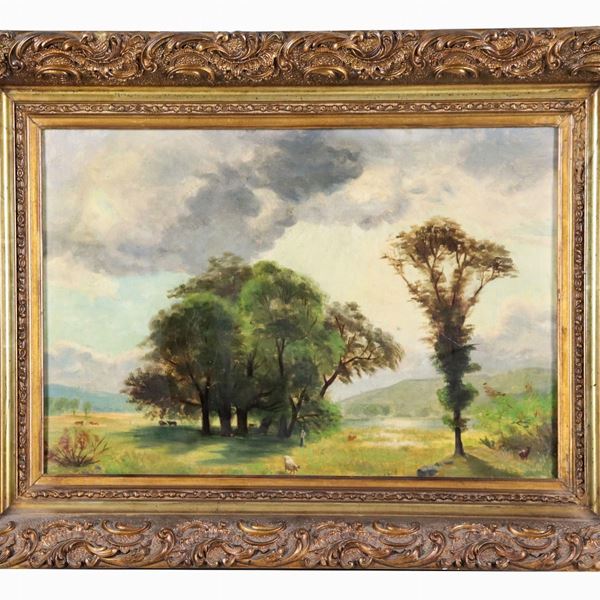 Scuola Italiana Fine XIX Secolo - "Paesaggio con armenti al pascolo", dipinto ad olio su tela