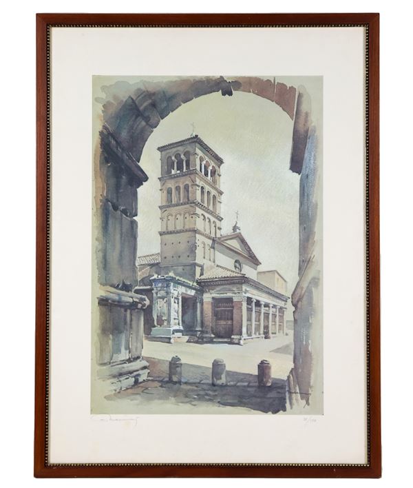Litografia a colori "Veduta della Chiesa di San Giorgio al Velabro con l'Arco di Giano"