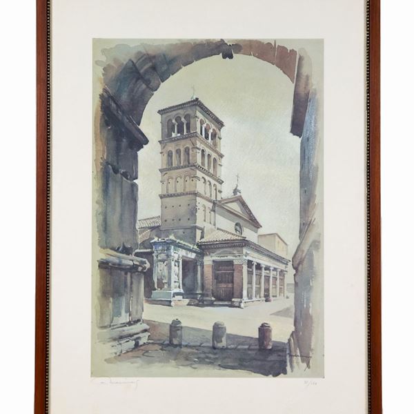Litografia a colori "Veduta della Chiesa di San Giorgio al Velabro con l'Arco di Giano"