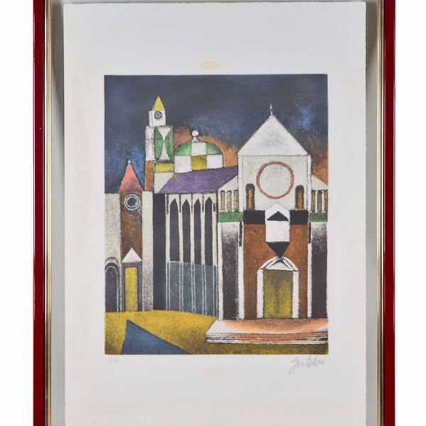 Franco Gentilini - "Veduta di Cattedrale", litografia a colori 70/120
