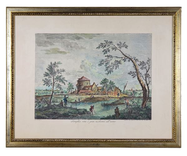 Color print "Farm landscape with houses, stream and travellers"