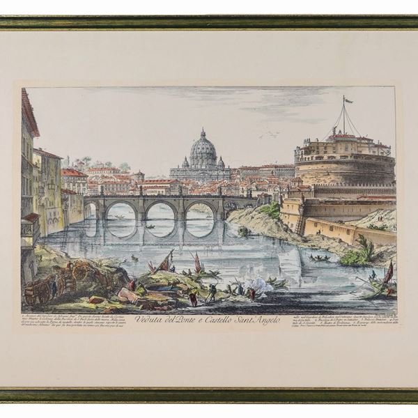 "View of Castel Sant'Angelo with the Tiber", color engraving