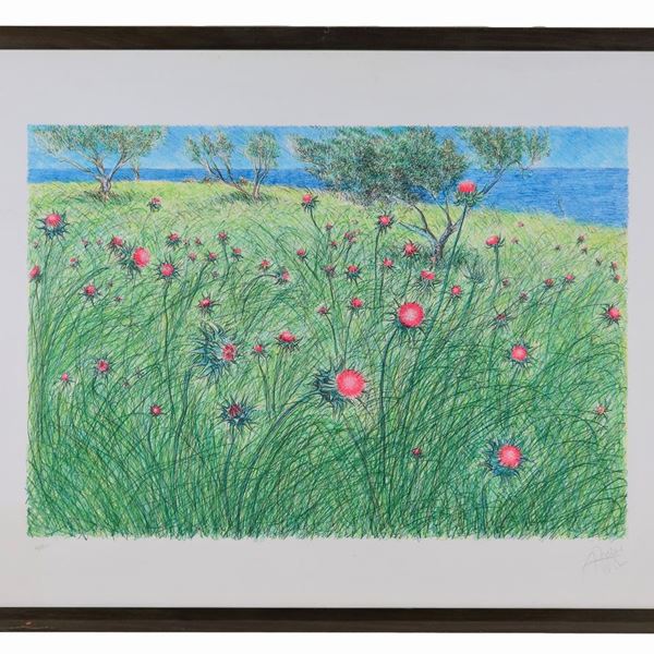 Litografia a colori "Prato fiorito sul mare"