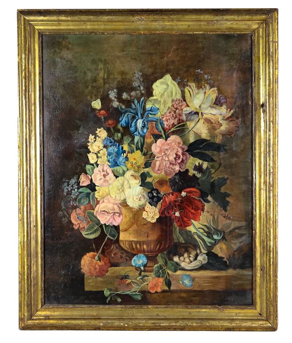 Scuola Italiana Fine XVIII - Inizio XIX Secolo - "Vaso con mazzo di fiori", luminoso dipinto ad olio su tela