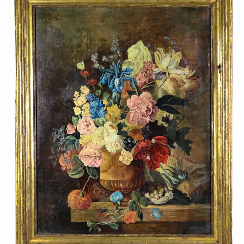 "Vaso con mazzo di fiori", luminoso dipinto ad olio su tela