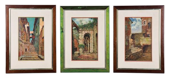 Scuola Italiana Fine XIX Secolo - "Scorci di paese", lotto di tre piccoli dipinti ad olio su compensato