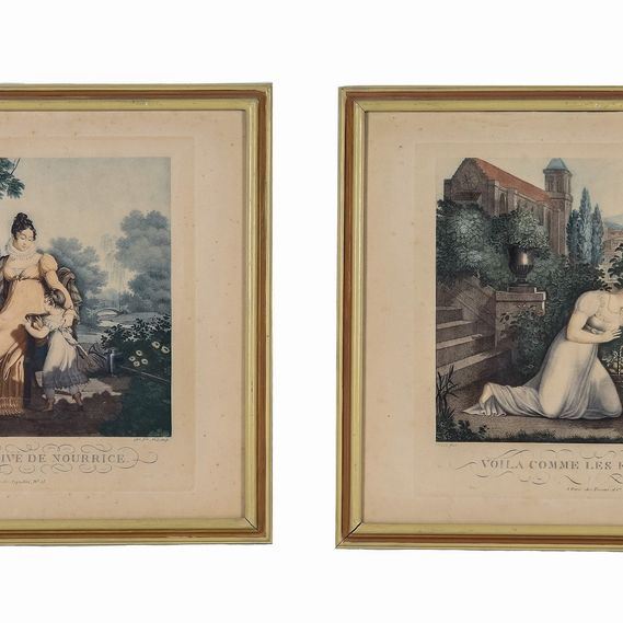 Pair of French color prints "Mothers with little children"