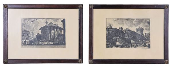 Coppia di incisioni "Veduta del Ponte Lugano sull'Anione" e "Veduta del Tempio di Cibele a Piazza della Bocca della Verità"