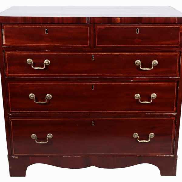 Mahogany chest of drawers with inlaid purfling, two small and three large pulls