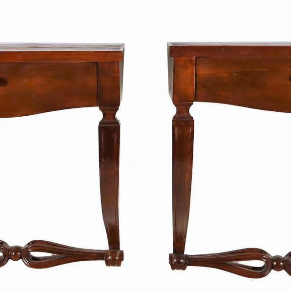 Pair of wall shelf bedside tables in walnut, with central drawer and two curved legs