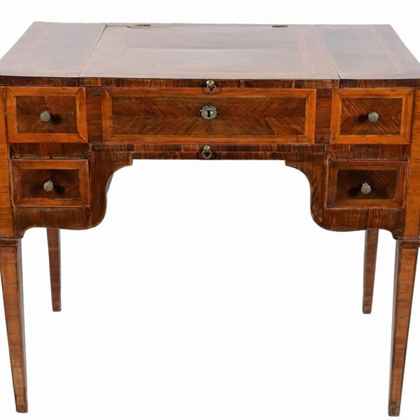 Louis XVI dressing table in walnut, bois de rose and purple ebony with thread marquetry, fold-down top with mirror and internal side compartments, two drawers underneath and four inverted truncated pyramid legs