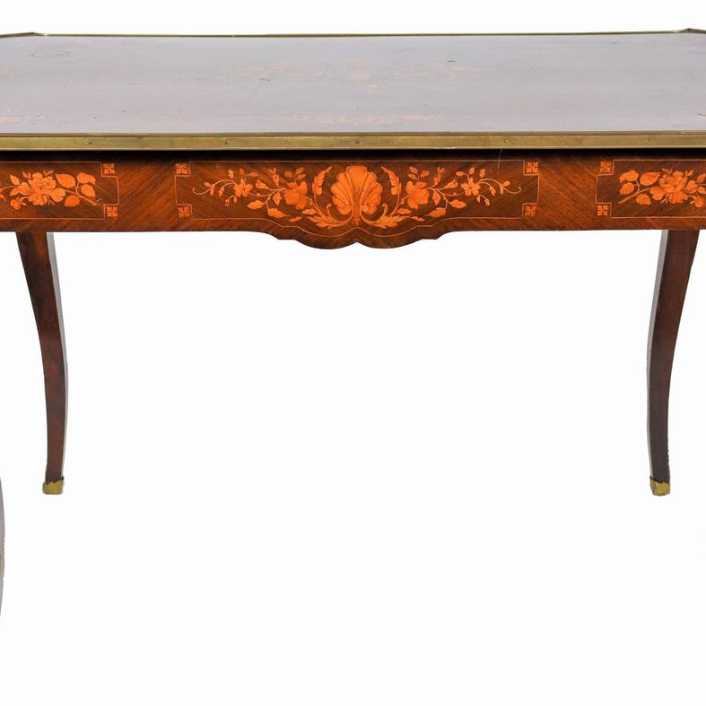 Tavolo da centro francese Napoleone III (1852-1870) in palissandro, con intarsi di volute floreal...