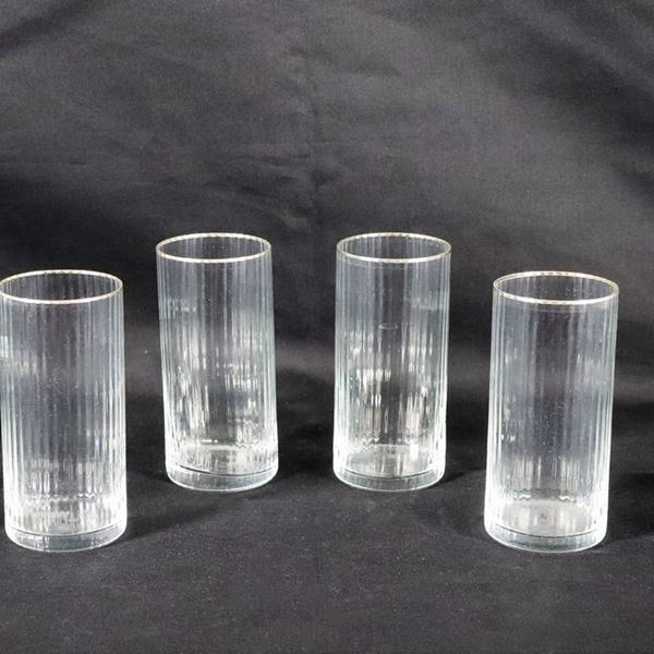 Lot of six high tumbler glasses in pure crystal, grooved with silver edges