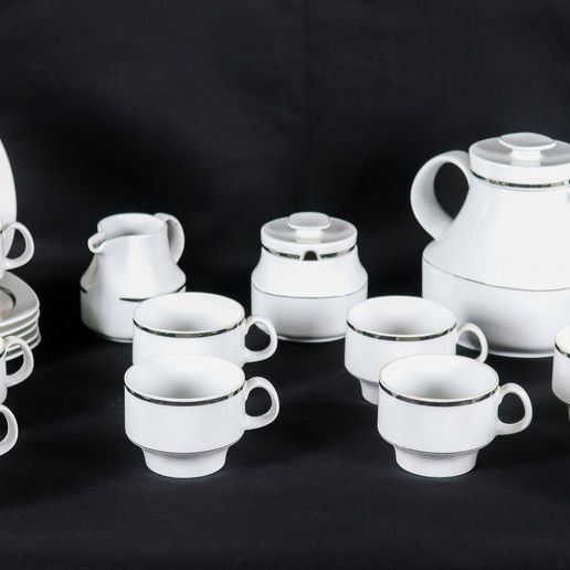 German white porcelain tea service with silver threads, (15 pcs)