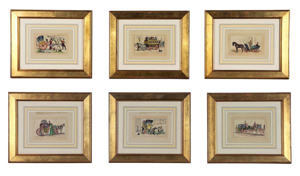 Lot of six small color prints "Ancient carriages with characters"