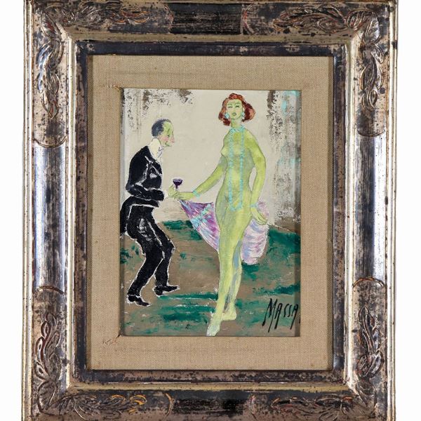 Lionel  Massa Fioravanti - Firmato. "Il corteggiamento", piccolo dipinto ad olio su tela