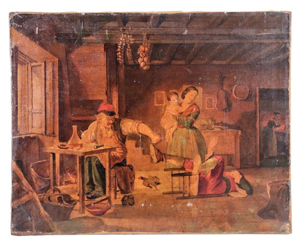 Antica oleografia su tela "Interno di cucina con personaggi"