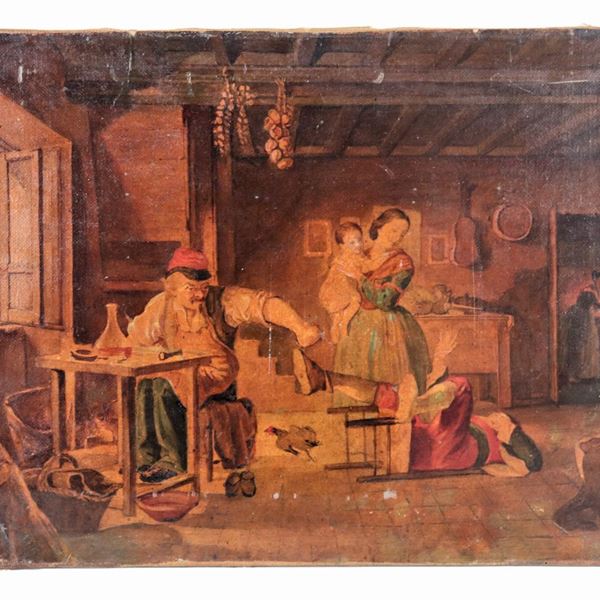 Antica oleografia su tela "Interno di cucina con personaggi"