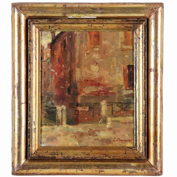 Leonardo Bazzaro - Firmato. "Scorcio di case e canale a Chioggia", piccolo dipinto ad olio su tela applicata a cartone