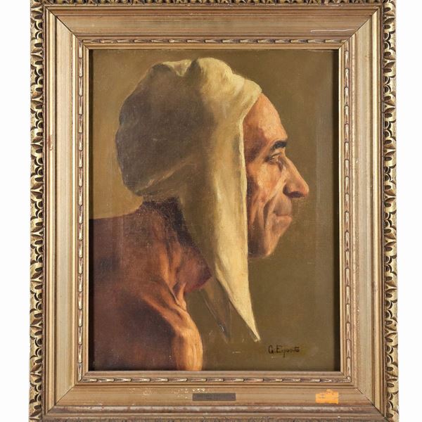 Scuola Italiana XIX Secolo - "Portrait of a medieval peasant with a headdress", oil painting on canvas