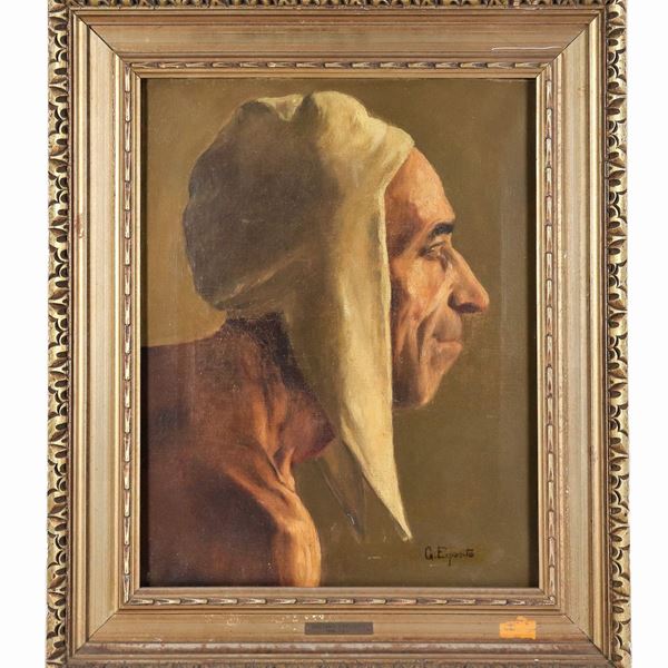 Scuola Italiana XIX Secolo - "Ritratto di contadino medievale con copricapo", dipinto ad olio su tela