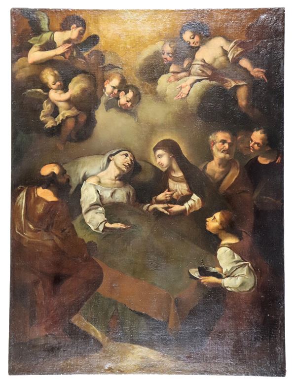 Scuola Napoletana XVII Secolo - "Transito di Sant'Anna con Santi e Angeli", pregevole dipinto ad olio su tela