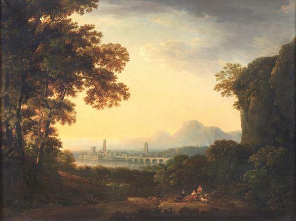 Jacob Van Lint - Seguace di. 'Paesaggio con la sosta dei contadini, ponte con fiume e borgo sullo sfondo', dipinto ad olio su tela di ottima realizzazione pittorica