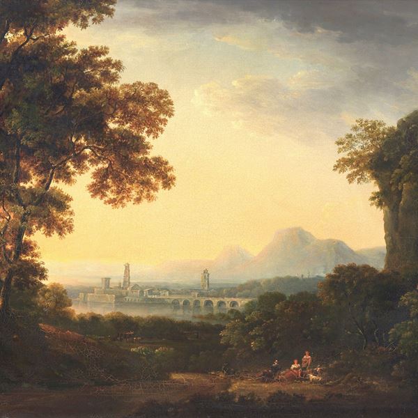 Jacob Van Lint - Seguace di. 'Paesaggio con la sosta dei contadini, ponte con fiume e borgo sullo sfondo', dipinto ad olio su tela di ottima realizzazione pittorica