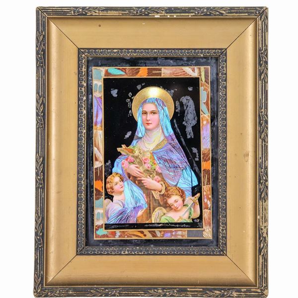 "Madonna with little angels", polychrome miniature on glass