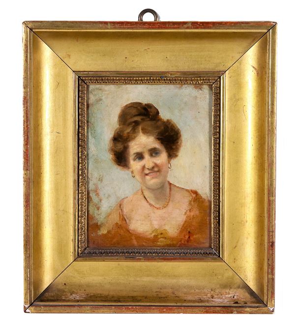 Pittore Napoletano XIX Secolo - "Ritratto di giovane donna con collana", piccolo dipinto ad olio su tavoletta. Reca la firma di Gaetano Esposito