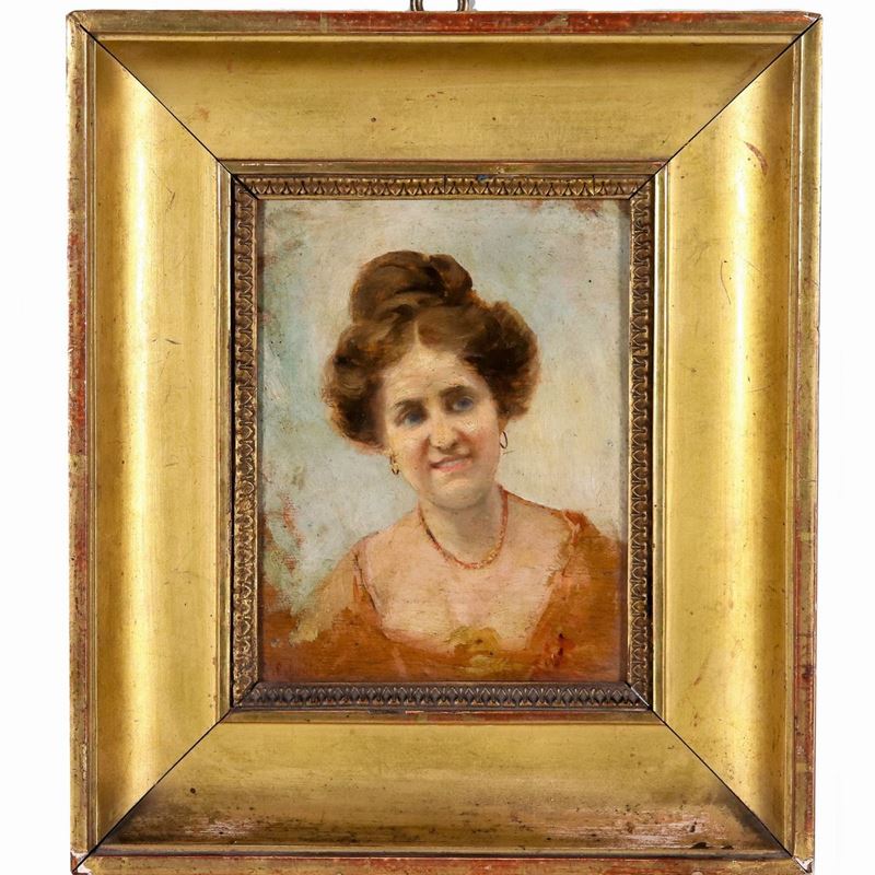 "Ritratto di giovane donna con collana", piccolo dipinto ad olio su tavoletta. Reca la firma di G...
