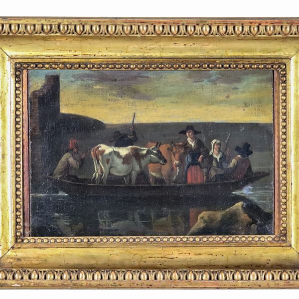 Scuola Lombarda Fine XVII Secolo - "Boat with farmers and cows", oil painting on canvas