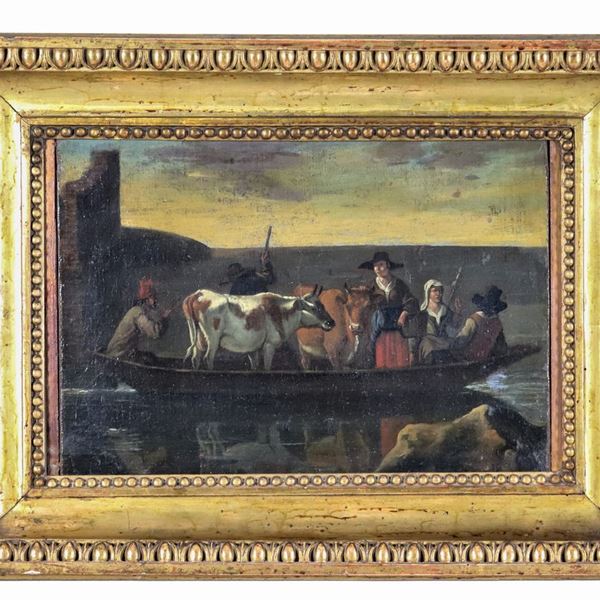 Scuola Lombarda Fine XVII Secolo - "Barca con contadini e mucche", dipinto ad olio su tela