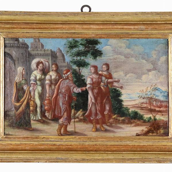 Scuola Italiana Inizio XVIII Secolo - "Il viaggio di Maria e Giuseppe verso Betlemme", dipinto ad olio su tela