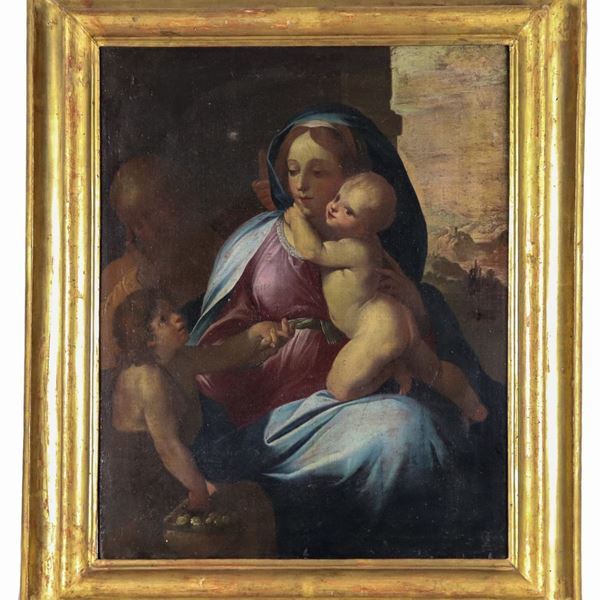 Scuola Bolognese Fine XVII Secolo - "Holy Family with San Giovannino", oil painting on canvas