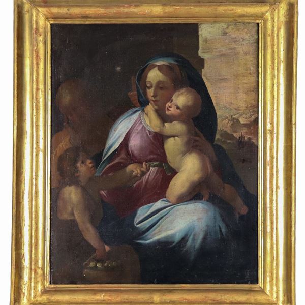 Scuola Bolognese Fine XVII Secolo - "Sacra Famiglia con San Giovannino", dipinto ad olio su tela